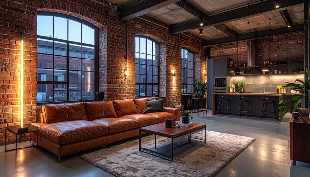 Industrial living space with exposed brick, leather sofa, and modern kitchen