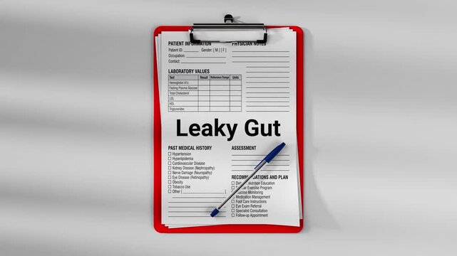 Medical clipboard with patient clinical form showing leaky gut diagnosis and laboratory values. Healthcare documentation concept with physician notes and medical examination record.