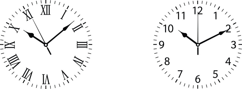 Analog clocks comparison, Roman numerals and Arabic numerals faces, traditional versus modern time design, black white illustration set