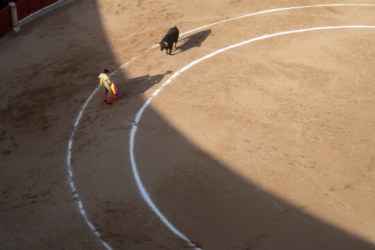 Torero en una plaza de toros en Espa&ntilde;a, vista aerea.