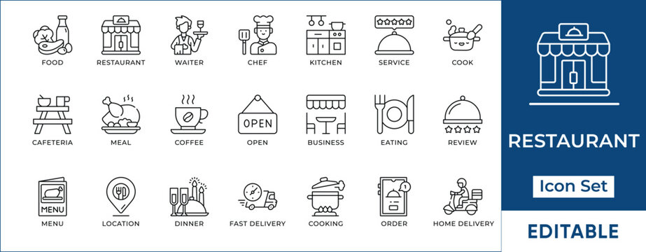 Restaurant and food service line icon set. Chef, food delivery, cafeteria and dining outline vector Editable stroke.