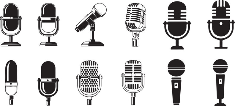 Collection of microphone icons in various styles for podcasting and broadcasting