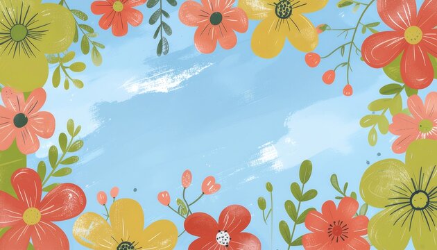 A cheerful floral frame with various colorful flowers and leaves. AI Generative
