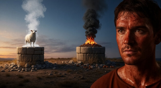 Biblical story of Cain and Abel with two stone altars. Close up portrait of a man with a dirty face watching a sacrifice. Ancient religious concept of offering with sheep and fire