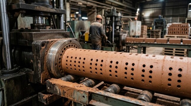 Medium frame capturing perforated clay billets emerging from the extrusion line focusing on precise hole patterns and uniform shaping for enhanced brick functionality.