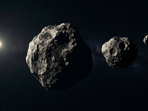 A cinematic view of an astroid belt featuring massive rocky bodies floating through the deep dark void of space under the light of a distant bright star
