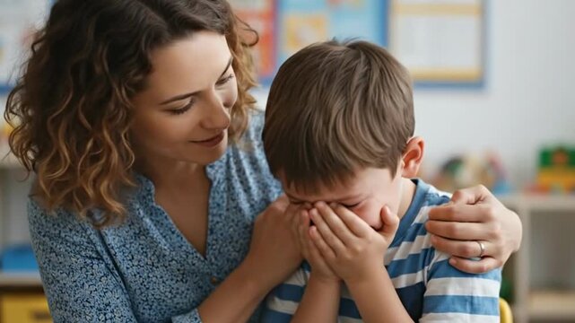 Teacher comforting crying student in classroom setting with nurturing embrace and supportive presence. Teacher provides emotional support to child experiencing distress and sadness.
