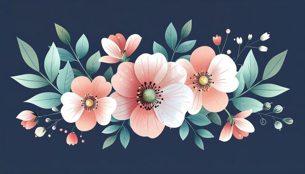 A beautiful elegant horizontal floral arrangement on a dark blue background. AI Generative