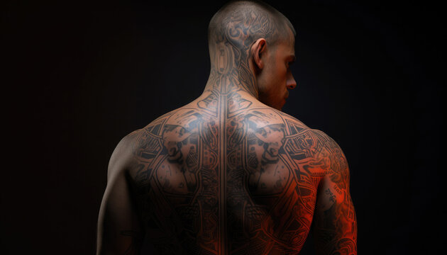 Intricate tattoo designs showcase artistry on the back of a muscular man in low light with vibrant highlights enhancing the details