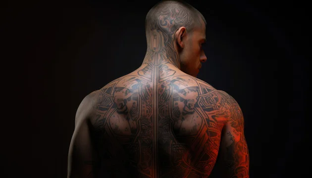 Intricate tattoo designs showcase artistry on the back of a muscular man in low light with vibrant highlights enhancing the details