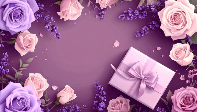 Pink and purple roses with lavender surround an elegant gift box. AI Generative