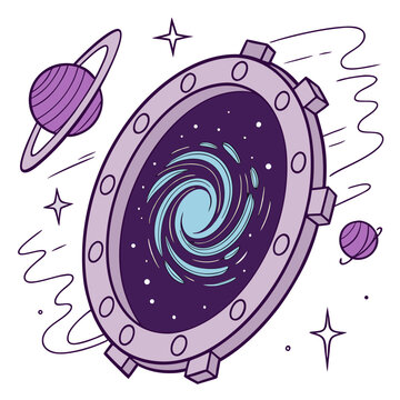 Metallic porthole window opening to a swirling blue galaxy with distant planets and stars in outer space concept of interstellar travel sci fi science fiction deep space ringed planet porthole
