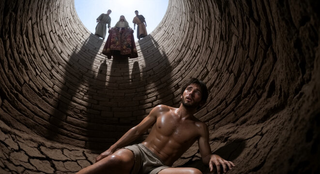 Biblical scene of Joseph in the dry well. Young man trapped in a stone pit looking up at his brothers. Joseph sold into slavery concept