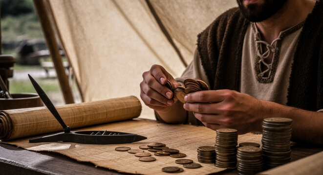 Ancient tax collector counting coins on a wooden table. Bearded man in biblical attire sorting money with papyrus scroll and stylus. Historical commerce and finance concept