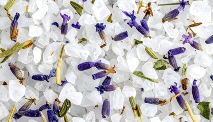 Aromatic bath salts with dried lavender buds and green herb accents