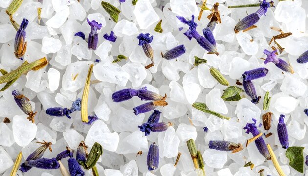 Aromatic bath salts with dried lavender buds and green herb accents