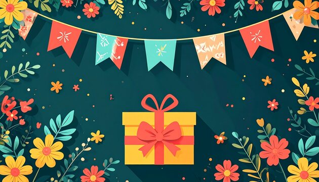 A cheerful birthday banner frames a yellow gift box and flowers. AI Generative