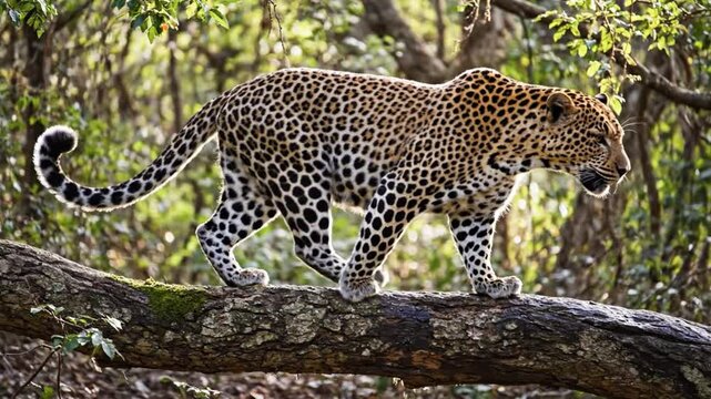 Leopard gracefully walks along a tree branch in a lush forest environment, showcasing natural elegance