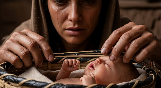 Mother crying over newborn baby in a woven basket. Biblical story of Moses being placed in the river. Religious concept of sacrifice and protection. Close-up of a woman with tears and her baby