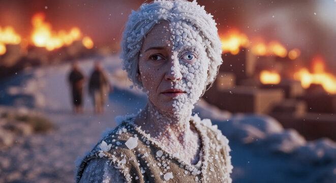 Lot's wife turning into a pillar of salt. Biblical scene of Sodom and Gomorrah destruction. Woman transformed into salt crystals with burning city in background. Religious narrative concept