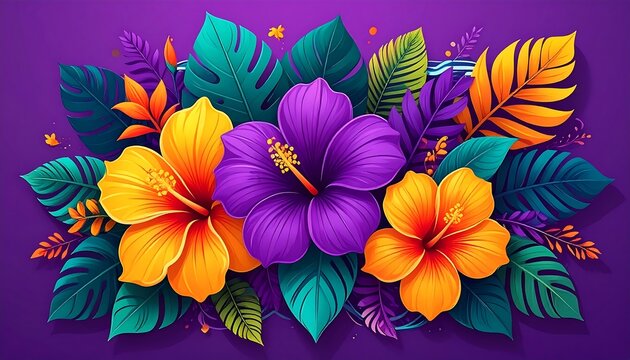 A beautiful arrangement of vibrant tropical flowers and leaves on purple. AI Generative