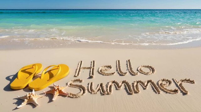 Hello summer message written in sand on tropical beach with yellow flip-flops and starfish. Turquoise sea and soft waves create bright vacation and travel concept.