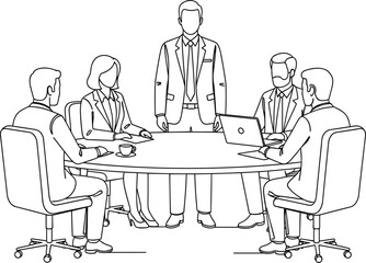 Fototapeta premium Business leader standing during team meeting with colleagues around table corporate discussion line art vector illustration for management concept