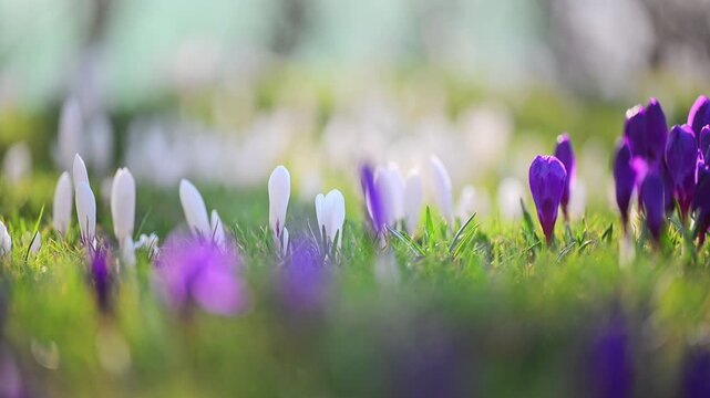 Purple and white crocus flowers blooming in green grass, spring nature, 4K slow motion