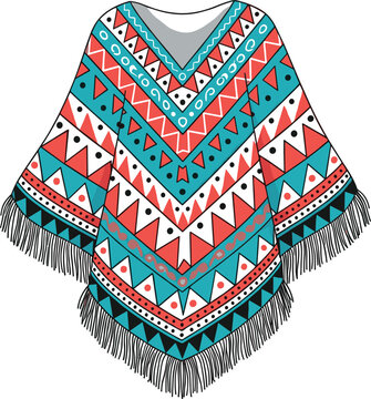 Colorful ethnic poncho with geometric tribal pattern and fringe boho fashion clothing vector illustration for traditional textile design