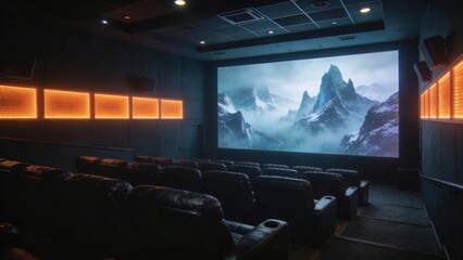 Naklejka premium A modern movie theater auditorium with rows of leather seats facing a.