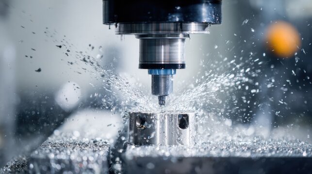 Focused medium frame on the multiaxis milling machine shaping PMMA crowns spotlighting the dynamic movement of the milling tools while the rest of the milling room fades out of