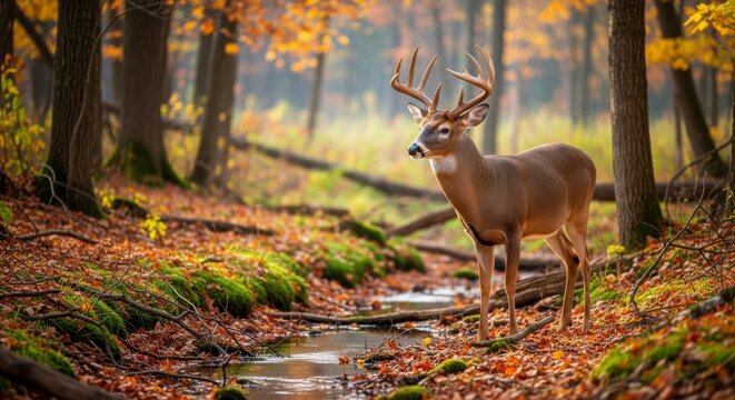 A majestic buck deer stands by a serene forest stream surrounded by vibrant autumn foliage and lush greenery.