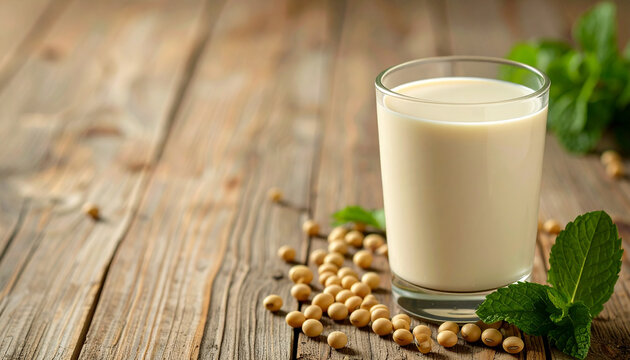 Glass of creamy soy milk on rustic wooden table, scattered soybeans and fresh mint leaves, cozy and inviting setting, healthy vegan beverage