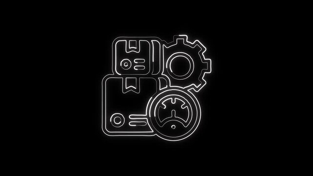 Glowing neon line logistics icon with moving delivery truck animation. Transport logistics animation HD video isolated on black background