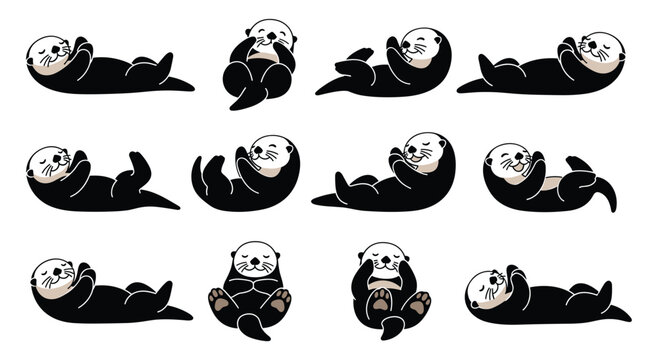 Collection of adorable sea otter illustrations in various playful poses, minimalist flat style characters, marine wildlife elements, swimming and floating animals on white background.