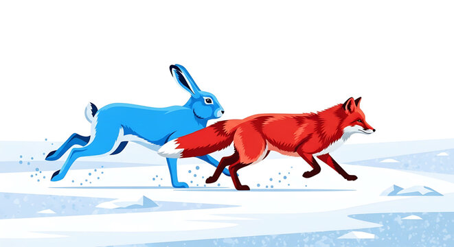 A colorful vector illustration of a blue rabbit and red fox running side by side in a snowy landscape