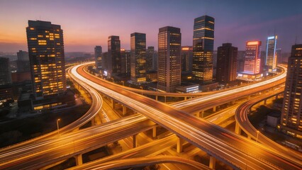 Fototapeta premium Cityscape with illuminated highways at dusk