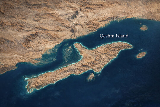 Aerial view of Qeshm Island in the Persian Gulf, Iran, satellite imagery style. Strait of Hormuz
