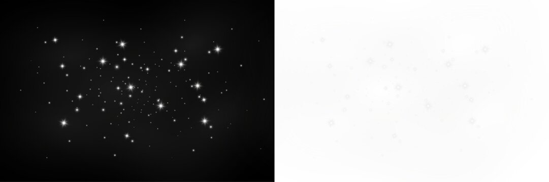 Sparkling white glitter stars and glowing light particles overlay for dark night sky fantasy background on transparent png