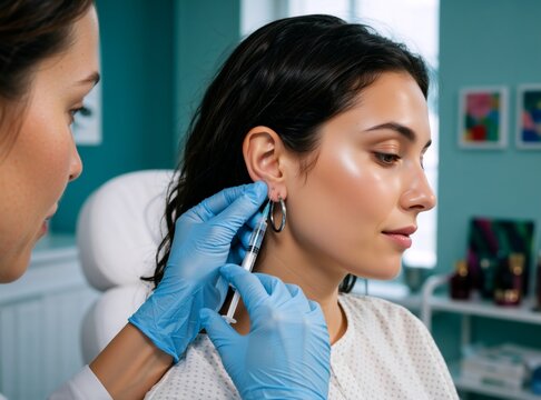 Woman receiving cosmetic injection in her earlobe at a clinic. Medical professional in blue gloves administering treatment with a syringe. Aesthetic dermatology and healthcare concept