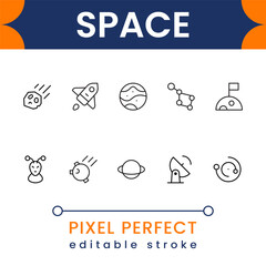 Space and galaxy icon pack with planets, stars, rockets, astronauts, satellites, cosmic elements and universe exploration symbols © Amna's Studio