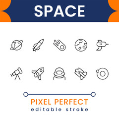 Space and galaxy icon pack with planets, stars, rockets, astronauts, satellites, cosmic elements and universe exploration symbols © Amna's Studio