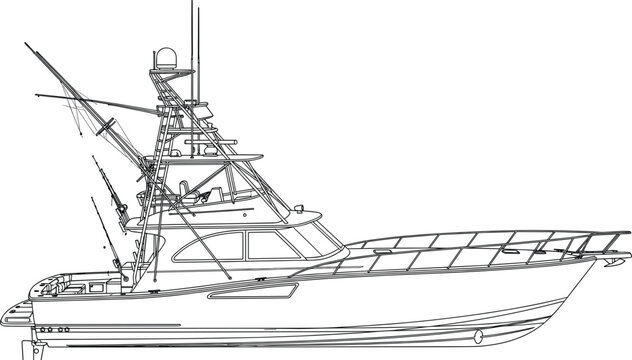 Luxury fishing yacht with detailed structure and deck equipment line art vector illustration for marine transport and nautical design