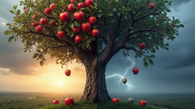 Apple tree split between life and death. Philosophical metaphor of integrity versus corruption. Religious concept of choice between good and evil, virtue and sin, salvation and judgment. 
