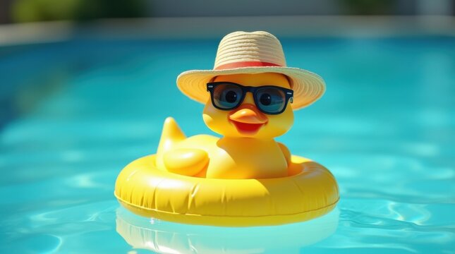 Cute duck wearing sunglasses and straw hat floats on yellow ring in blue pool water. This funny animal bird enjoys summer vacation, swimming and relaxing. A playful, happy scene.