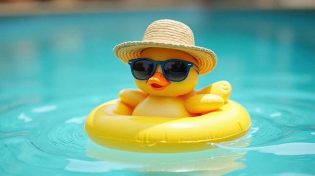 Cute duck wearing sunglasses and straw hat floats on yellow ring in blue pool water. This funny animal bird enjoys summer vacation, swimming and relaxing. A playful, happy scene.