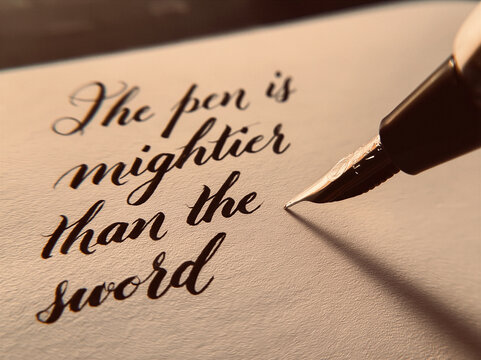 Close up of words "The pen is mightier than the sword" written in caligraphic style with a quill nib coming into frame cinematic lighting