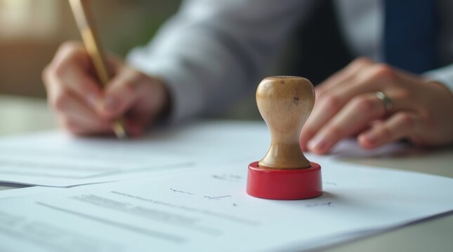 Hand with pen signs legal paper near red rubber stamp. Official document signing process, business agreement or contract. Businessperson completes paperwork with notary approval.
