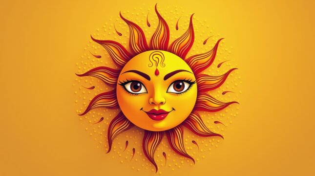 Illustration for the sinhala new year with a stylized sun with face.  
