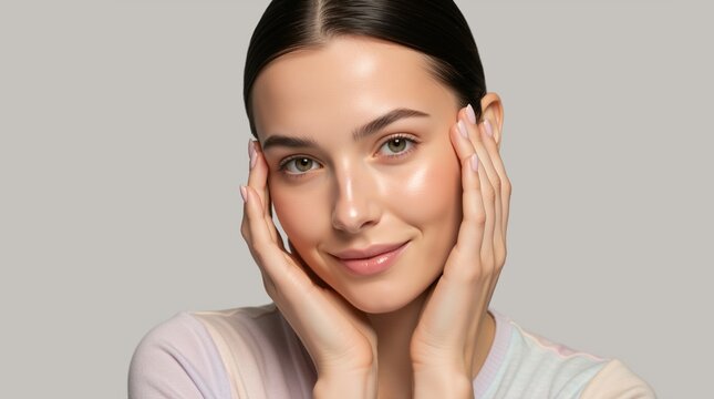 Close-up portrait of a young woman touching her cheeks with a soft smile. Female model with clear glowing skin and natural makeup on a grey background. Skincare and beauty concept